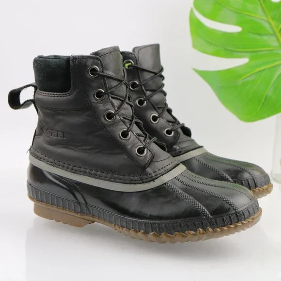 Sorel Womens Cheyenne Duck Boots Size 9 Waterproof Black Leather Lace Up Booties - Picture 1 of 10